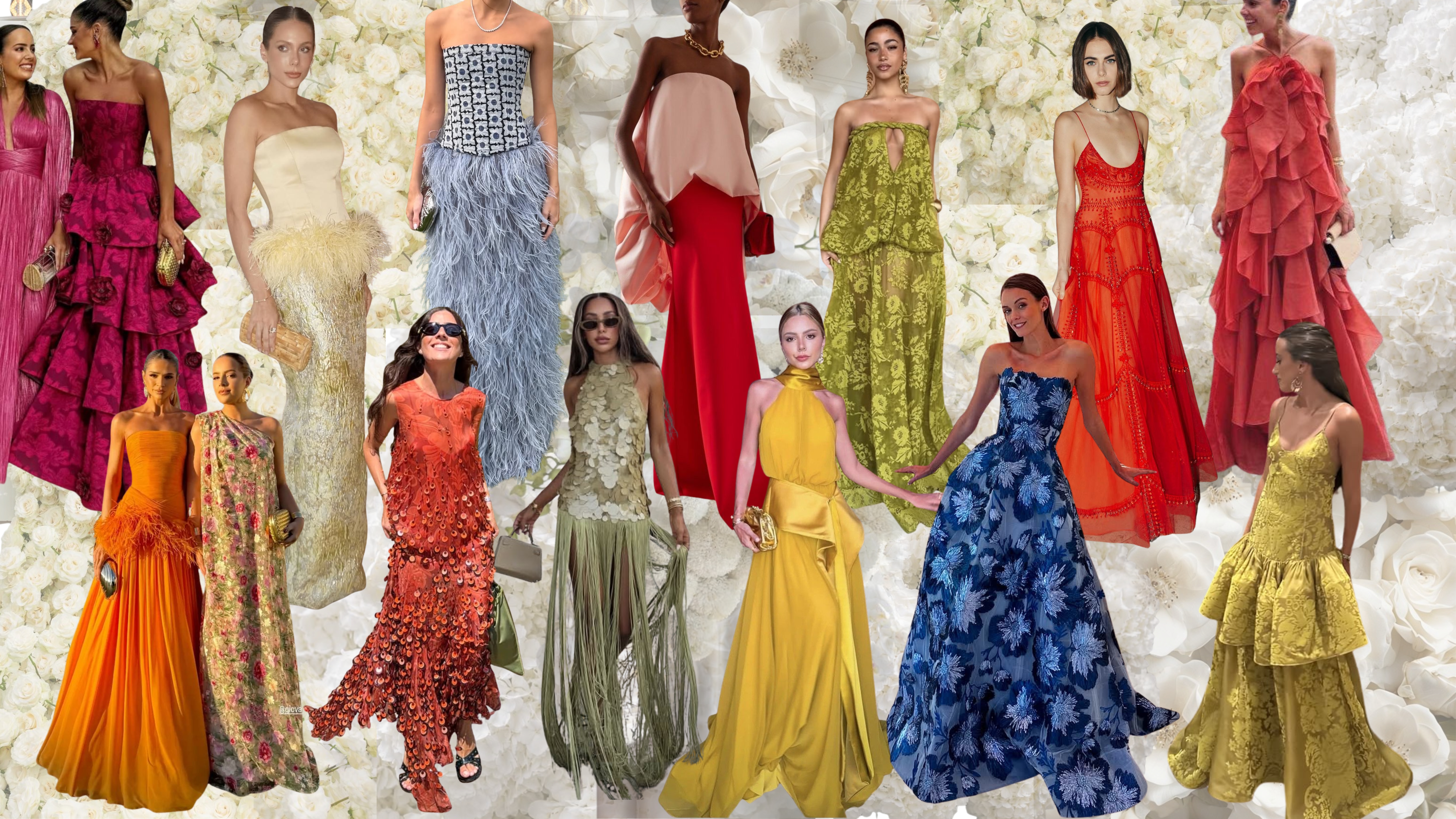 Moodboard de vestidos longos e formais em cores e texturas variadas